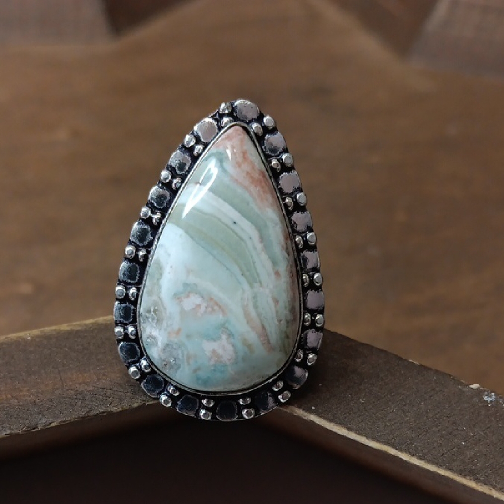 Hand Crafted Teardrop Ring with Aqua and Cream Swirl Stone
